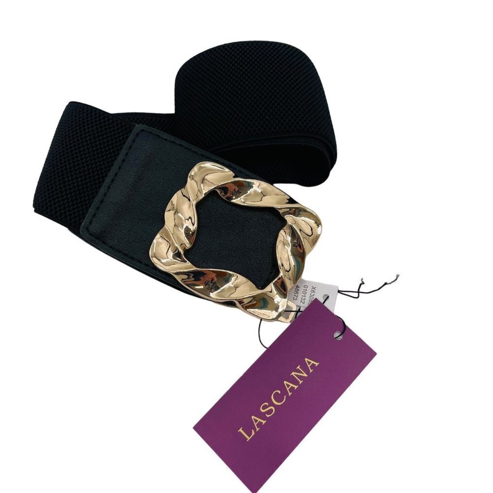 Lascana‎ Elastic Waist Belt Womens Large Black Gold Tone Interlocking Buckle